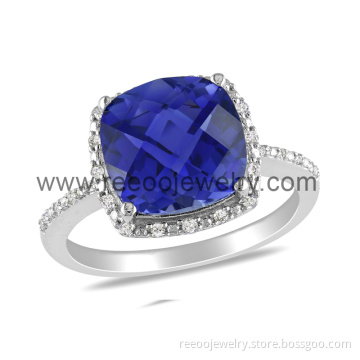 Sterling Silver Cushion Cut Sapphire Color CZ Engagement Ring